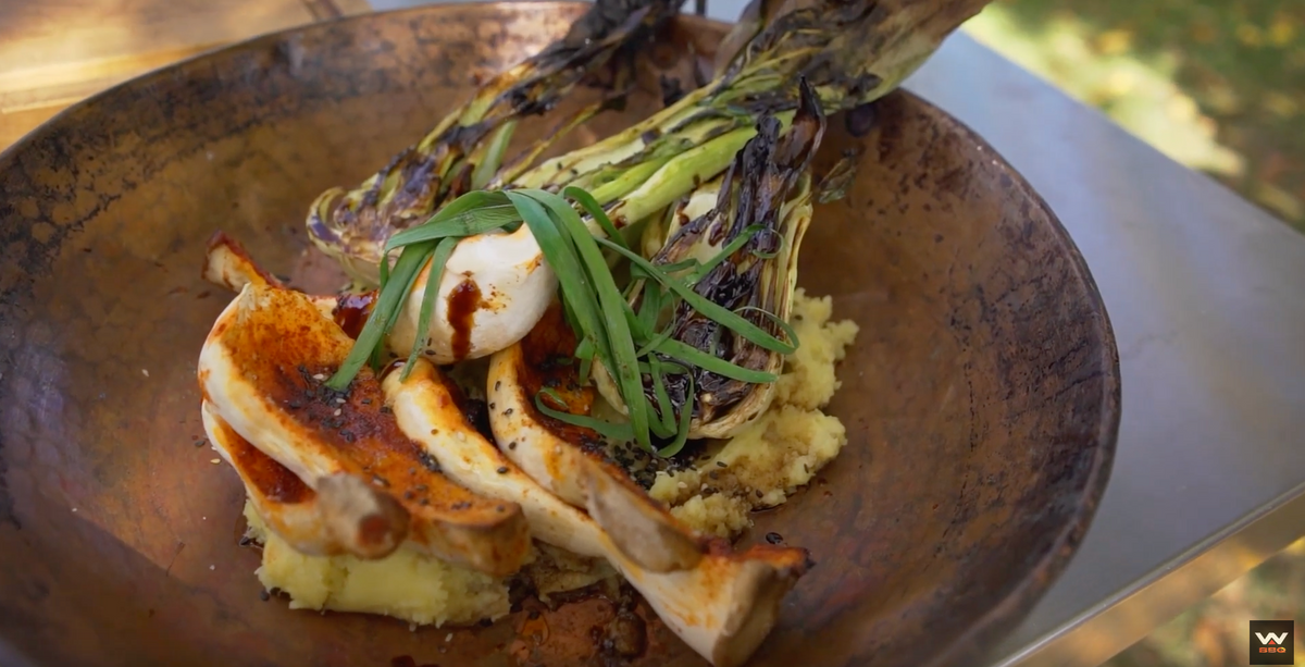 Grilled King Oyster Mushrooms, Pok Choi and Smashed baby potatoes